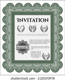 Green Invitation template. With guilloche pattern and background. Detailed. Excellent design. 