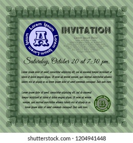 Green Invitation template. With guilloche pattern. Nice design. Detailed. 