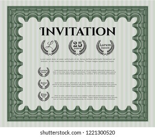 Green Invitation template. With guilloche pattern and background. Nice design. Detailed. 