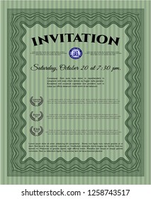Green Invitation template. With guilloche pattern and background. Money design. Detailed. 