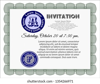 Green Invitation template. With guilloche pattern and background. Detailed. Nice design. 