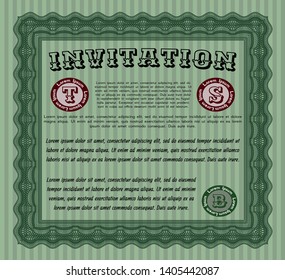 Green Invitation template. With guilloche pattern. Customizable, Easy to edit and change colors. Money Pattern. 