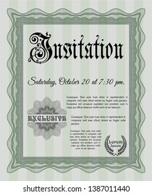 Green Invitation template. Money style design. With guilloche pattern. Vector illustration. 