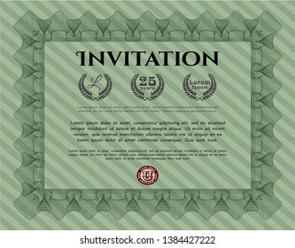Green Invitation template. Perfect design. With guilloche pattern and background. Vector illustration. 