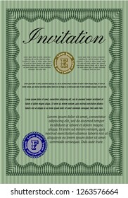Green Invitation template. Sophisticated design. With linear background. Vector illustration. 