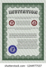 Green Invitation template. Superior design. With great quality guilloche pattern. Detailed. 