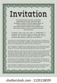 Green Invitation template. Vector illustration. With complex linear background. Money Pattern. 