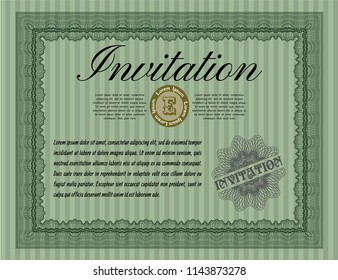Green Invitation template. Vector illustration. Printer friendly. Money style design. 