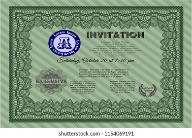 Green Invitation template. Vector illustration. With guilloche pattern and background. Retro design. 