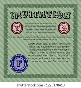 Green Invitation template. Vector illustration. With guilloche pattern and background. Retro design. 