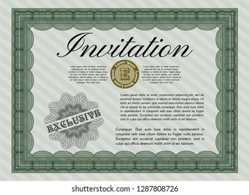 Green Invitation template. Vector illustration. With background. Money Pattern. 