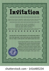 Green Invitation template. Vector illustration. With guilloche pattern and background. Excellent design. 