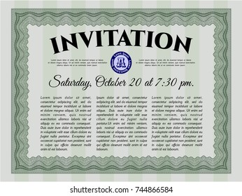 Green Invitation template. Vector illustration. With linear background. Artistry design. 