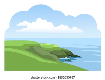 Green irish cliffed coast. Colorful panoramic landscape. Ocean scenic view. Flat vector illustration.