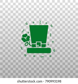 Green irish hat decorated with clover leaf - flat icon isolated on transparent background. Saint Patrick's Day headwear with shamrock plant - simple silhouette, symbol, pictogram, element, sign.