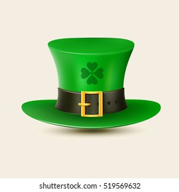 Green Irish hat with golden buckle and leaf of clover. EPS 8 vector 