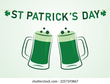green irish party on Saint Patrick Day invitation card with two toasting mugs full of green beer and hanging garland, vector illustration