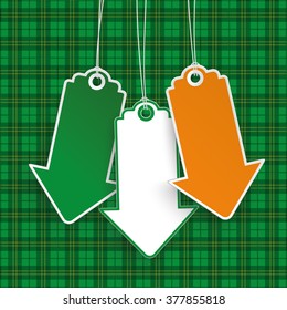 Green irish tartan background for St. Patrick's Day sale with 3 price stickers. Eps 10 vector file.