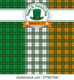 Green irish tartan background for St. Patrick's Day with banner and emblem. Eps 10 vector file.