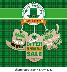 Green irish tartan background for St. Patrick's Day sale with carton price stickers. Eps 10 vector file.