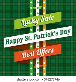 Green irish tartan background for St. Patrick's Day sale retro ribbon. Eps 10 vector file.