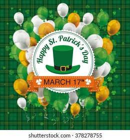 Green irish tartan background for St. Patrick's Day with emblem, balloons and cloverleafs. Eps 10 vector file.