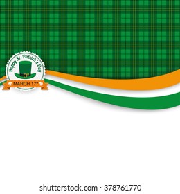 Green irish tartan background for St. Patrick's Day with banner and emblem. Eps 10 vector file.