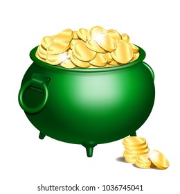 Green iron cauldron full of gold coins isolated on white background. Stack of gold coins near the green pot. St. Patricks Day symbol. Vector illustration.