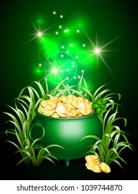 Green iron cauldron full of gold coins with mystic bright light in grass on dark background. Stack of gold coins near the green pot. St. Patricks Day symbol. Vector illustration.