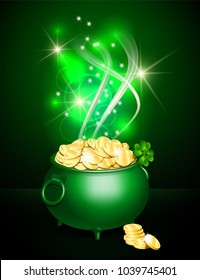 Green iron cauldron full of gold coins with mystic bright light on dark background. Stack of gold coins near the green pot. St. Patricks Day symbol. Vector illustration.