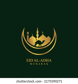 green Islamic background design with camel decoration, mosque, golden crescent moon. suitable for the design of Eid al-Adha, Eid al-Fitr, Hajj, Ramadan, Muharram, Umrah, and other Islamic celebrations