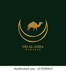 green Islamic background design with camel decoration, and golden crescent moon. suitable for the design of Eid al-Adha, Eid al-Fitr, Hajj, Ramadan, Muharram, Umrah, and other Islamic celebrations. 