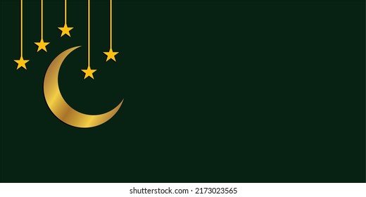 green islamic background design with crescent moon, star ornament decoration. suitable for the design of Eid al-Adha, Hajj, Eid al-Fitr, Ramadan, Muharram, Islamic celebrations. eid mubarak