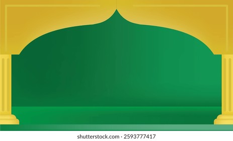 Green islamic background with golden frame mosque, Arabic arch background with traditional moroccan ornament, ramadan concept. Design for banner, poster, greeting card