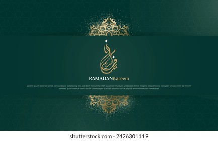 Green islamic background with golden mandala design and arabic calligraphy for ramadan kareem campaign. arabic text mean is ramadan kareem. green and gold islamic background