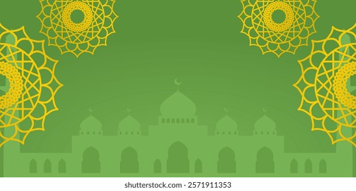 Green Islamic background with golden mandala ornament and mosque silhouette. Design for banner, poster, social media. Free copyspace area