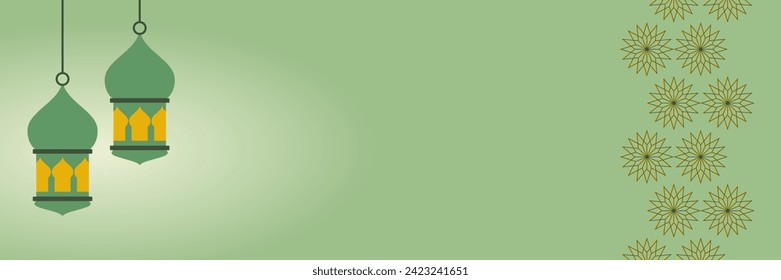 green islamic background with lantern decoration. free copy space area design. vector for banner, poster, greeting card, social media, web.