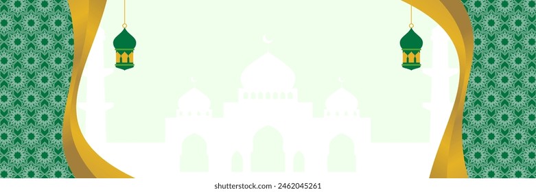 Green Islamic background, with lantern ornament, mandala and mosque silhouette. free copy space area. banner design, greeting cards for Islamic holidays, Eid al-Fitr, Ramadan, Eid al-Adha