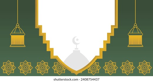 Fondo islámico verde, con adornos de linternas, mandala y silueta de mezquita. plantilla vectorial para banner, tarjeta de saludo para festividades islámicas, eid al-fitr, ramadan, eid al-adha