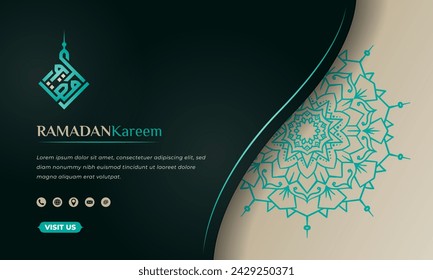 Green Islamic background with simple mandala design in tan background for ramadan kareem. Islamic background in green and tan design. arabic text mean is ramadan kareem.