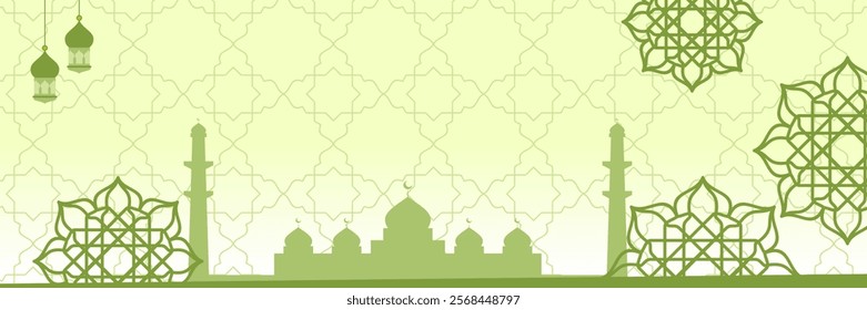 Green Islamic Banner, with mandala ornaments, mosque and lanterns. Free copyspace area design Template for Islamic holidays, Eid al-Fitr, Ramadan, Eid al-Adha