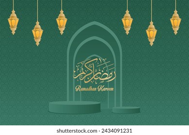 Green Islamic Calligraphy Template with Lantern Design with Texture for Website and Greeting card