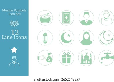 Green Islamic Icon Set with Crescent Moon Mosque Gift Money Bag and Other Muslim Symbols