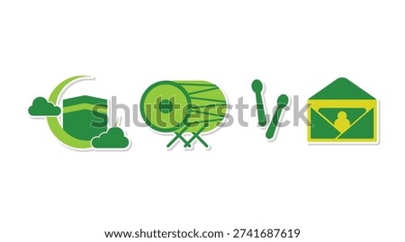 Green Islamic icon set featuring drum, mosque, and festive symbols