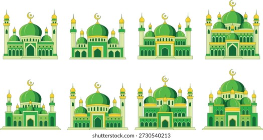 Un diseño de mezquita islámica verde con tonos armoniosos y un estilo tranquilo y espiritual.
