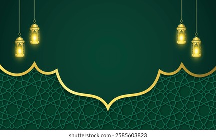 green islamic mosque with moroccan seamless pattern ornament frame border Banner with copy space Decoration