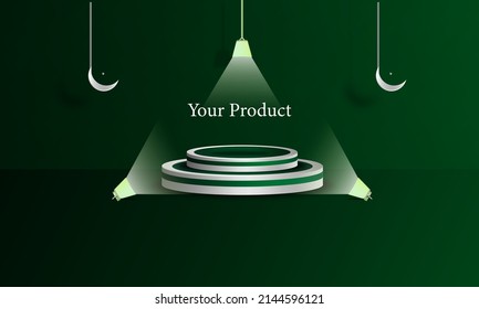green Islamic pattern and ornament background with 3d podium and 3d Islamic ornament in grey, for store product photos, and others, vector design eps 10