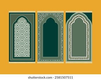 Green Islamic prayer carpet vector design. Prayer mat pattern tiles. Rug design set
