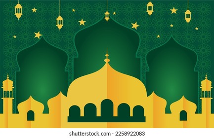 fondo de ramadán islámico verde con motivos de cúpula y silueta de mezquita dorada