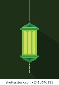Ilamic verde ramadhan kareem eid mubarak con la temática linterna arabic ilustración vectorial estilo plano aislado en el fondo vertical oscuro. Sencillo dibujo de dibujos animados planos.